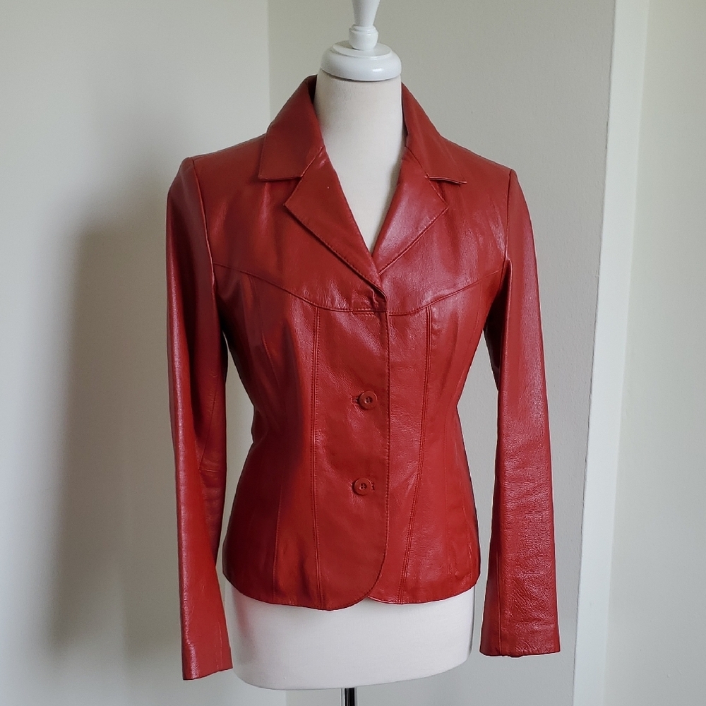 Wilsons Leather Red Fitted Leather Jacket with Notched Lapel
